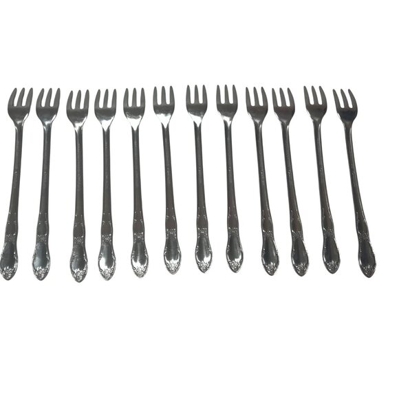 Wm A Rogers Stainless Steel Cocktail Forks Set Of 12 With Floral Handle Design - Picture 3 of 4